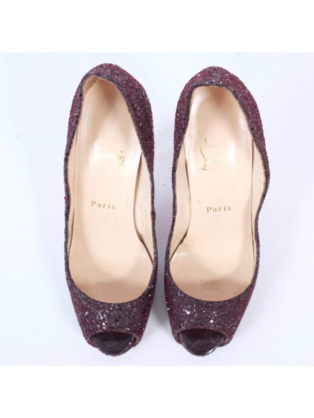Christian Louboutin 37.5 US 7.5 Shoes Pumps Open Toe Platform Glitter Wine - Picture 7 of 8